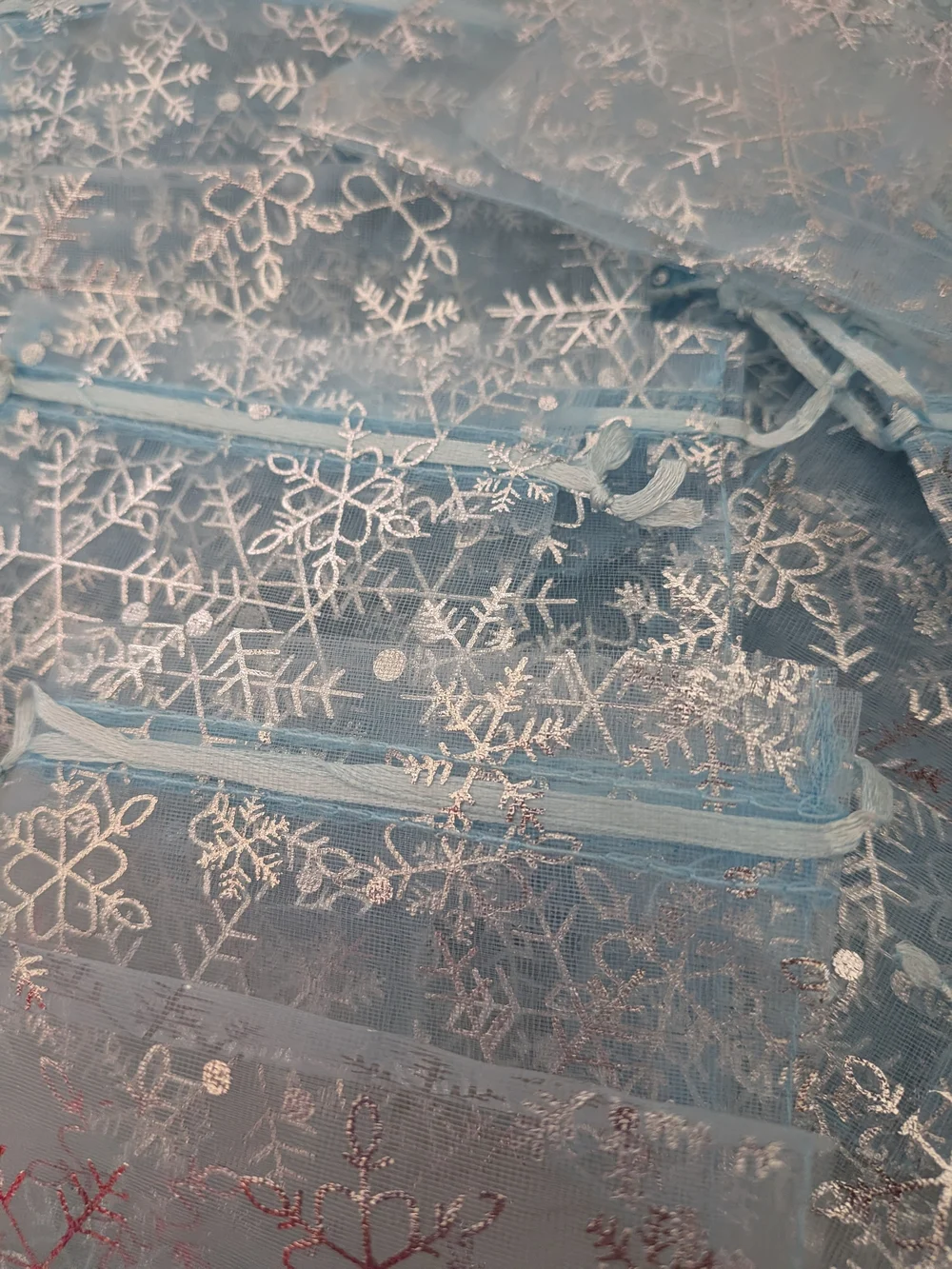 Light Blue Sheer Organza Drawstring Bags 25 Pack Silver Snowflake Print